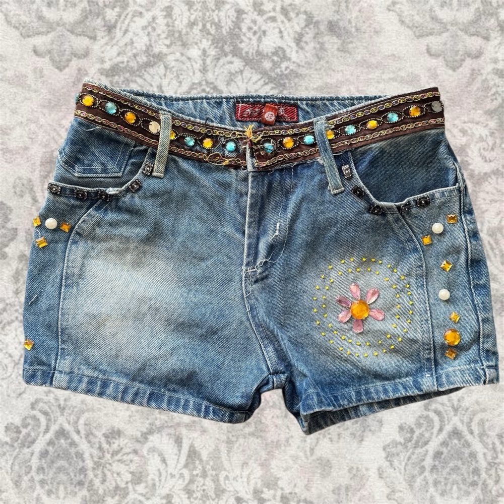 Embellished Gem Floral Y2K Festival 2000s Blue Denim Women’s High Waisted Shorts